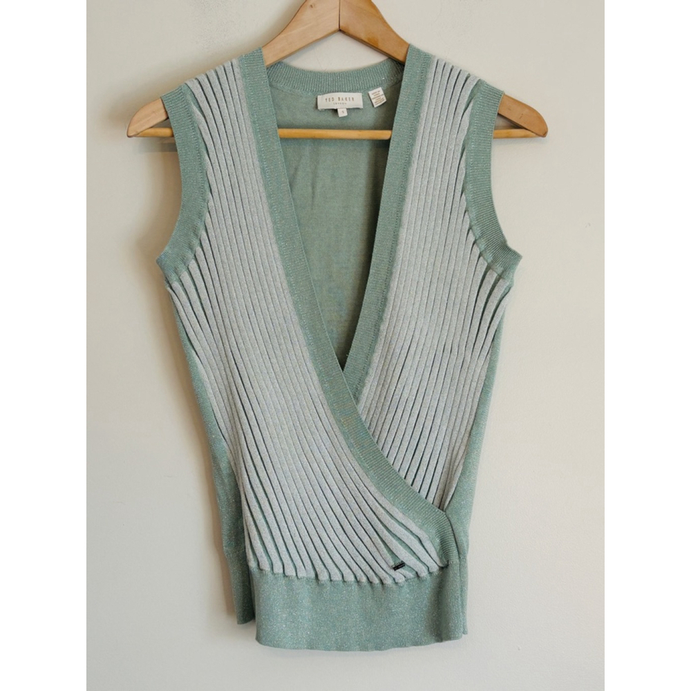 Ted Baker Mint Green Sparkly Ribbed Knit V-Neck Top XS